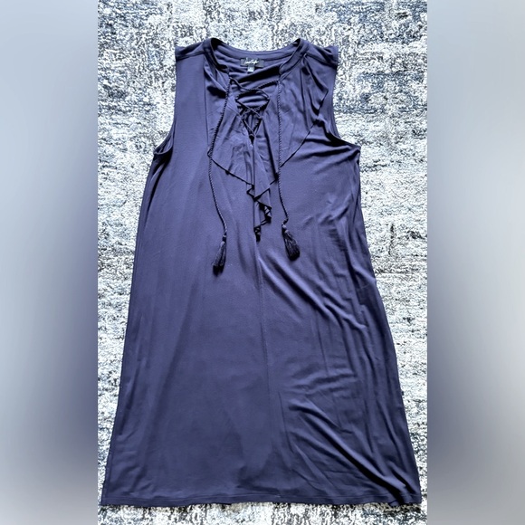 LORD & TAYLOR DARK BLUE SLEEVELESS DRESS RUFFLES OFF NECKLINE - Picture 14 of 15